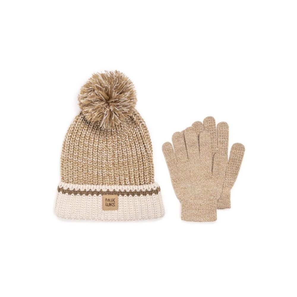 NWT New MUK LUKS Tan Cream Brown Knit Pom Beanie Hat with Gloves Set